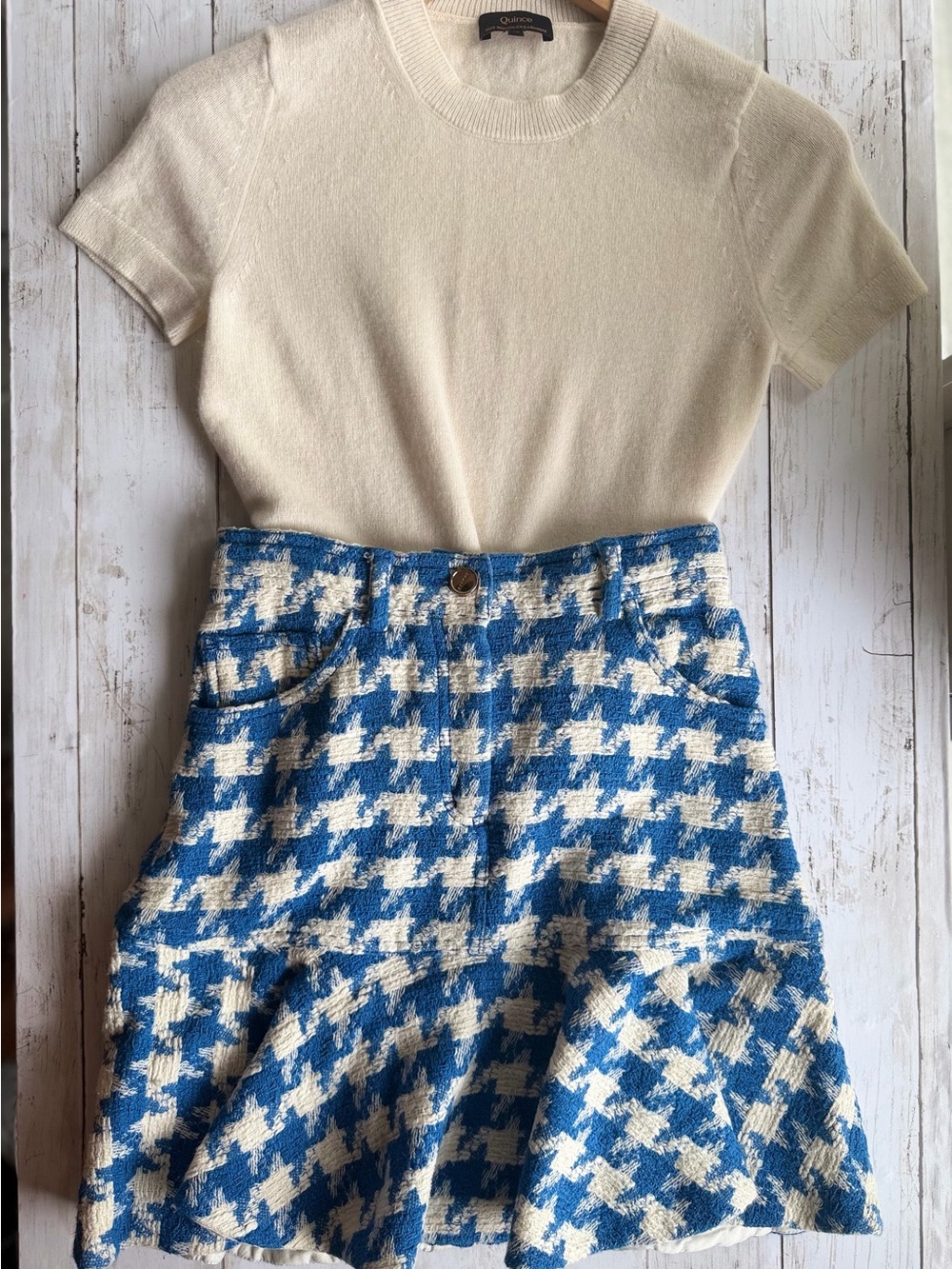 Sandro Skirt Houndstooth Blue and Cream Fit Skater  80s Inspired Sz Xs